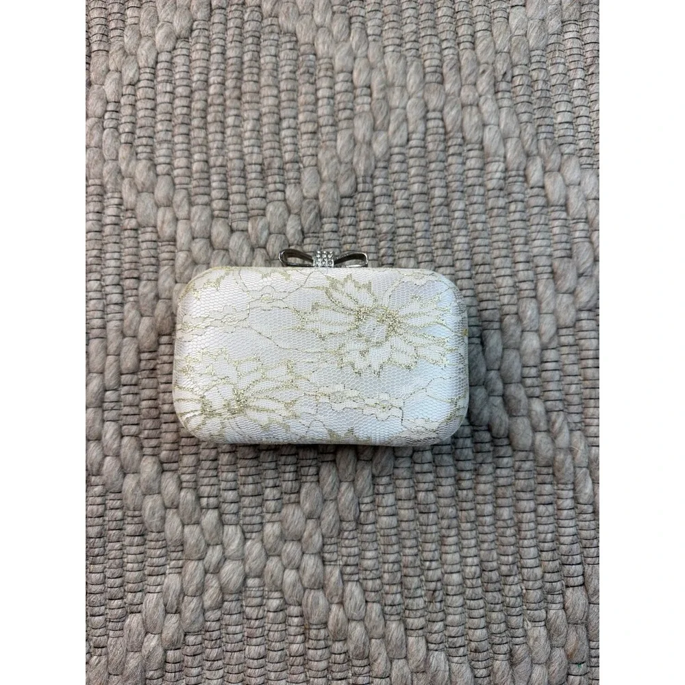 Unbranded Lace Clutch Women Small Ivory Gold Floral Bow Rhinestone Minaudiere